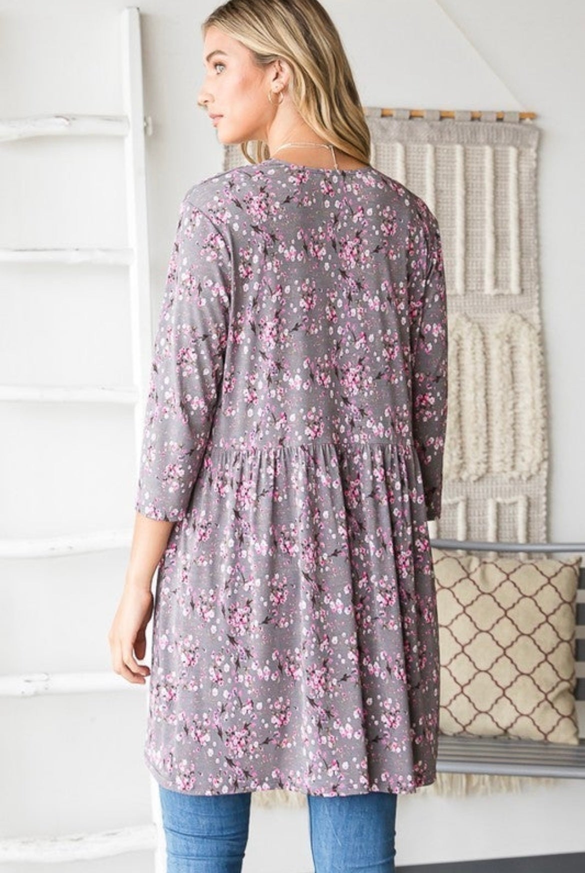 Charcoal / Pink 3/4 Sleeve Cardigan