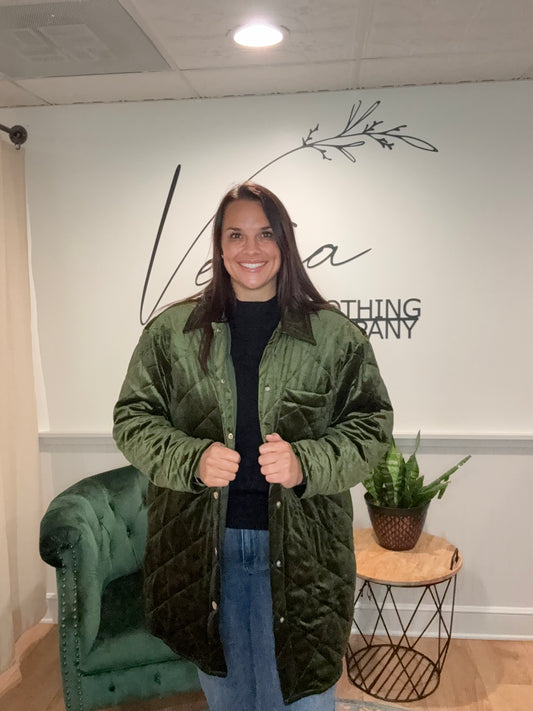 Olive Velvet Bomber Coat