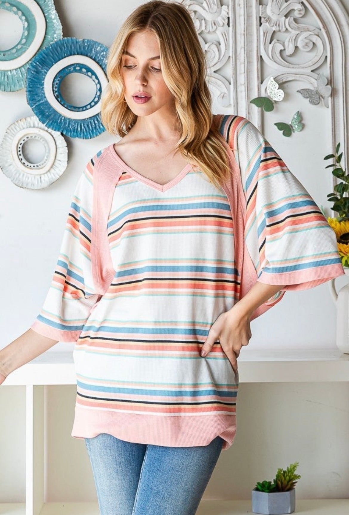 Peach Rainbow Striped Half Sleeve
