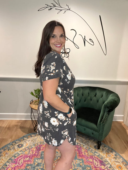 Charcoal Floral Ribbed Dress