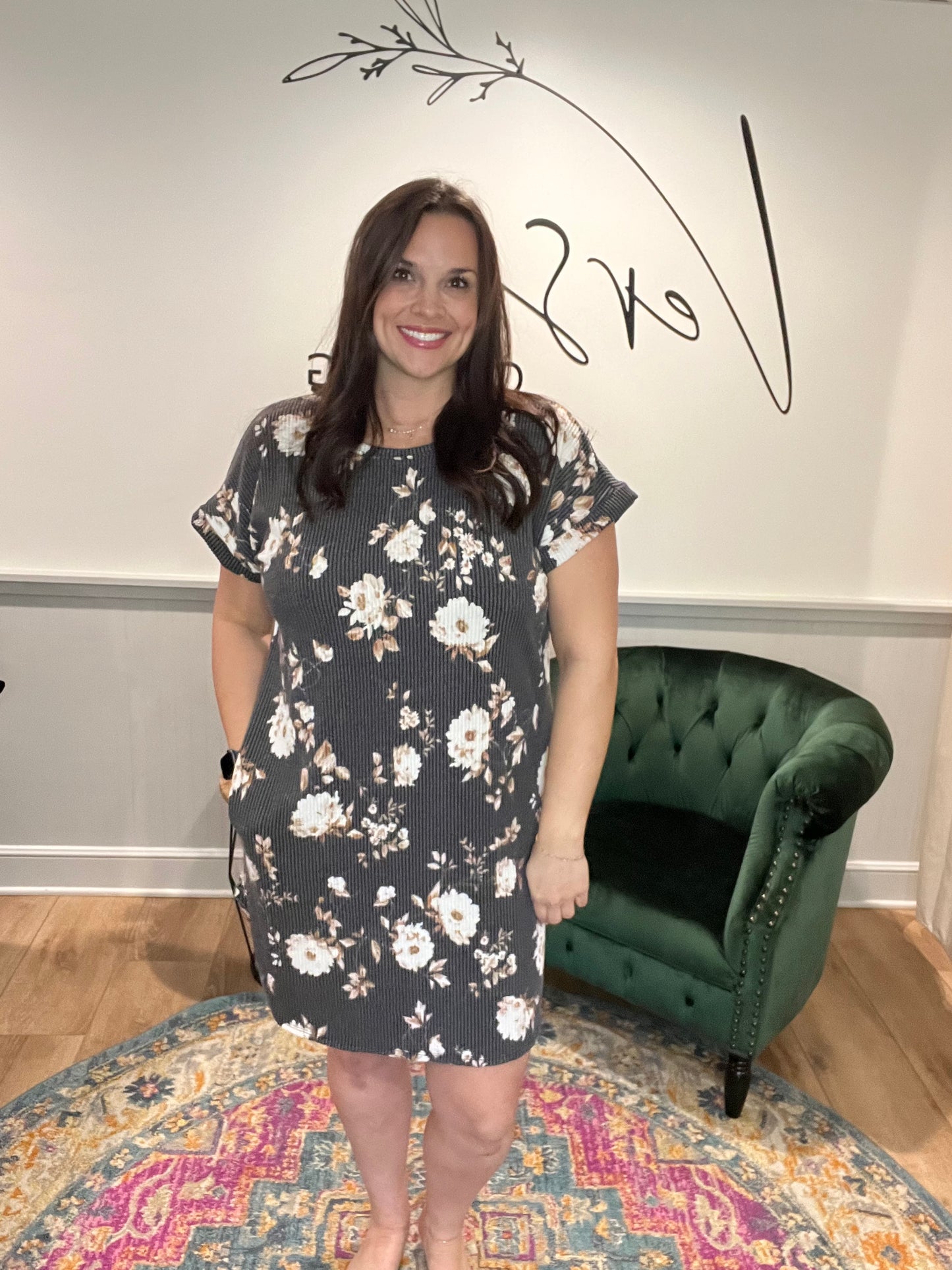Charcoal Floral Ribbed Dress