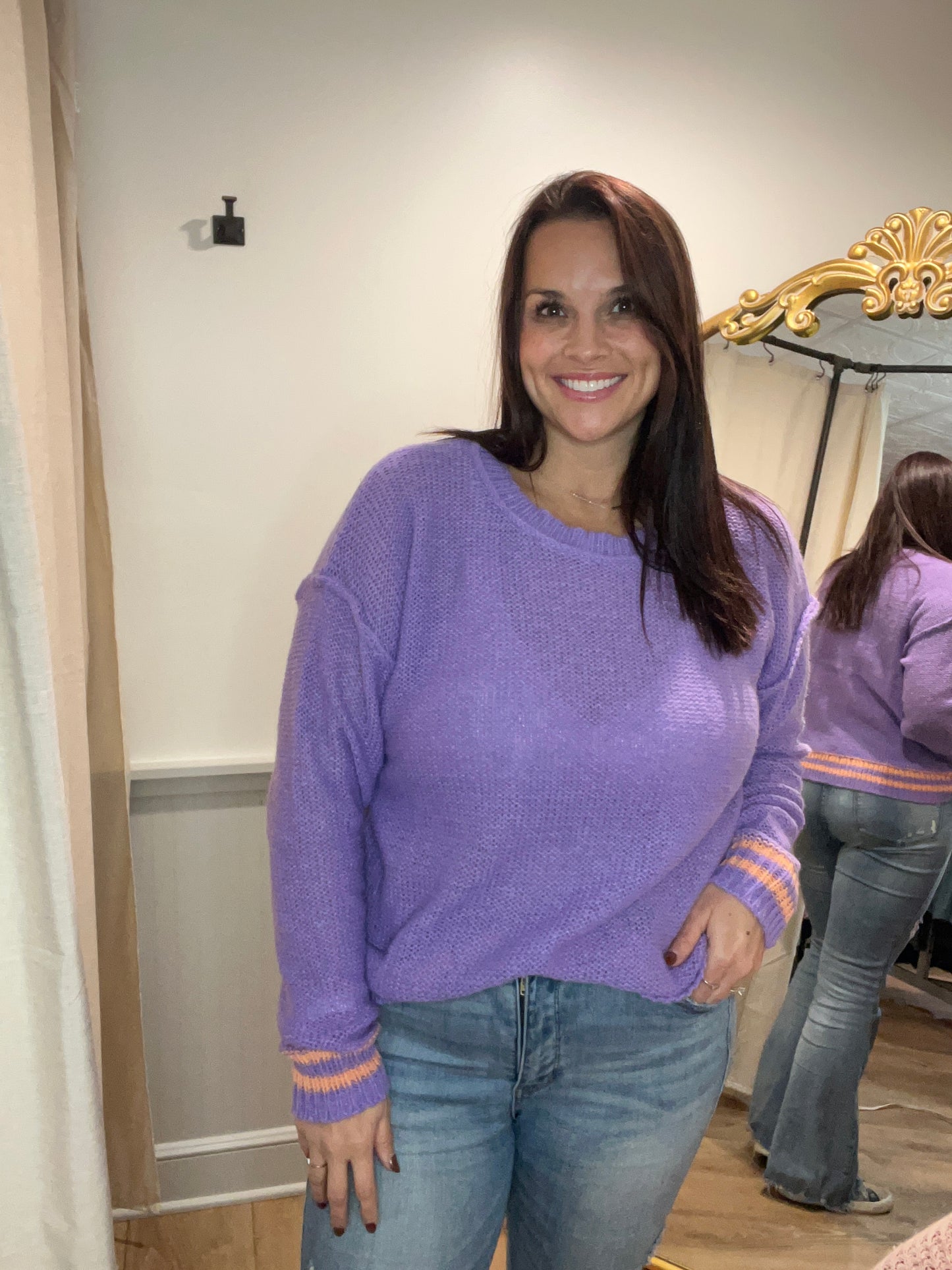 Lavender Sweater with Stripe Hem