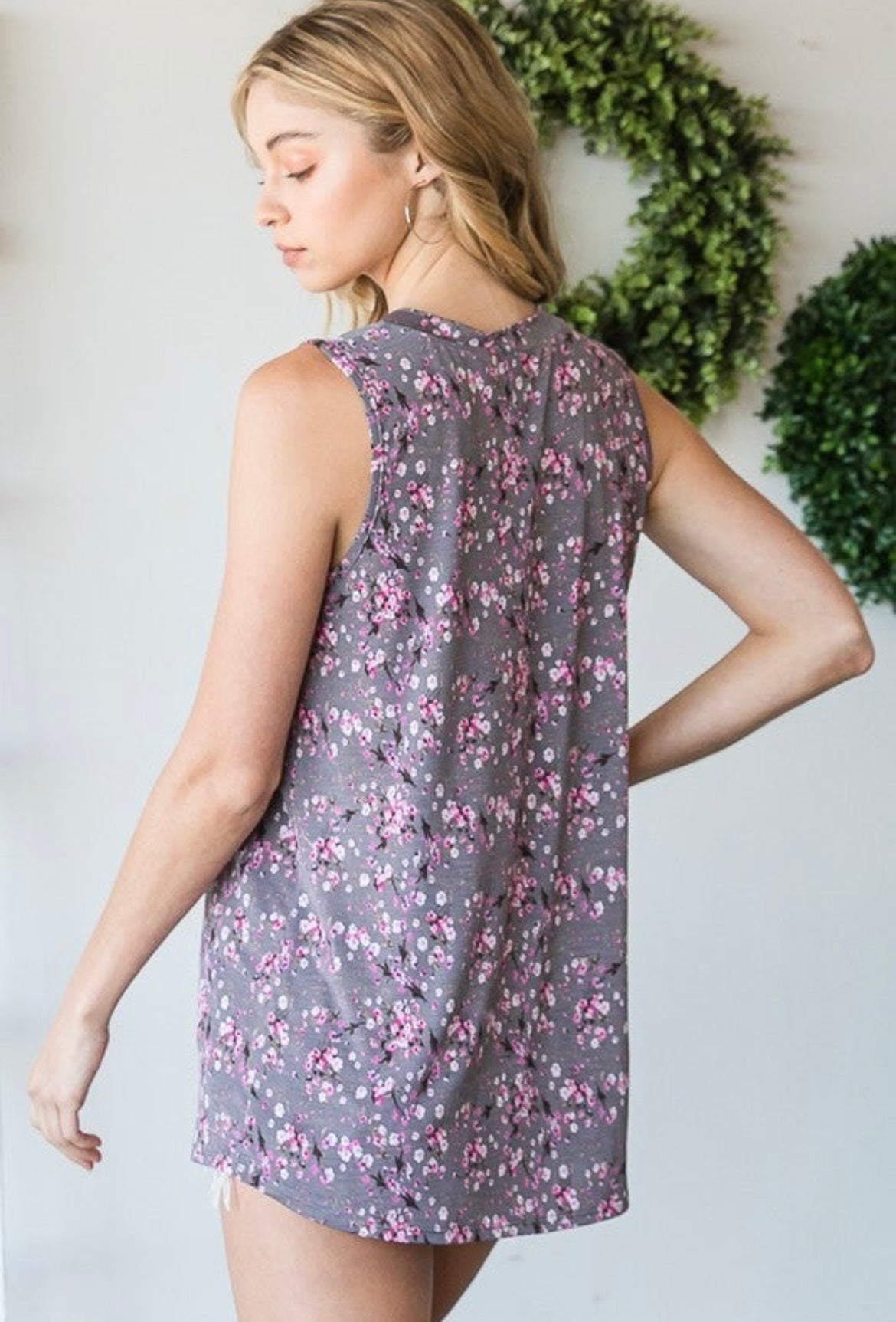 Charcoal / Pink Floral Vneck Tank