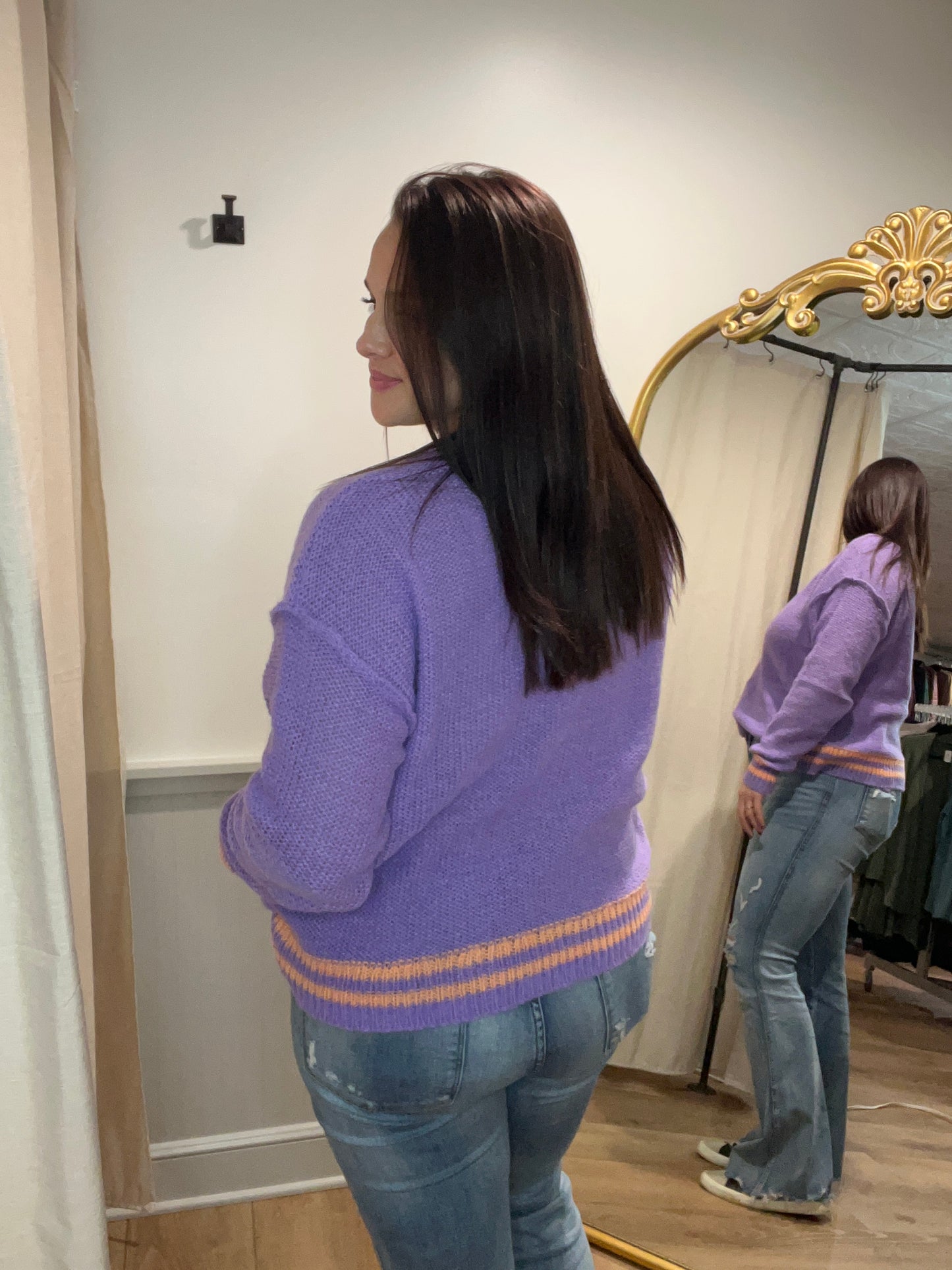 Lavender Sweater with Stripe Hem