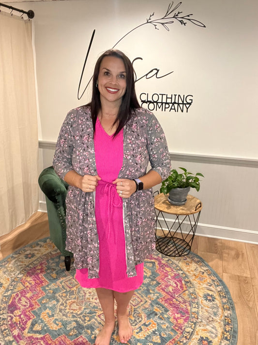 Charcoal / Pink 3/4 Sleeve Cardigan