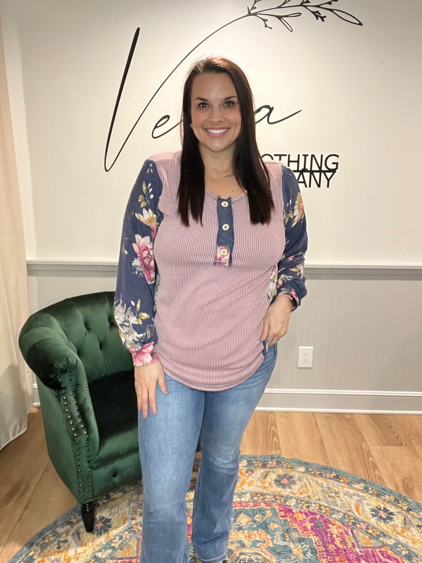 Navy Floral Ribbed Long Sleeve