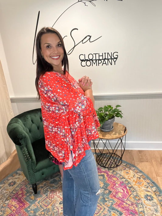 Red Floral Stripe Top