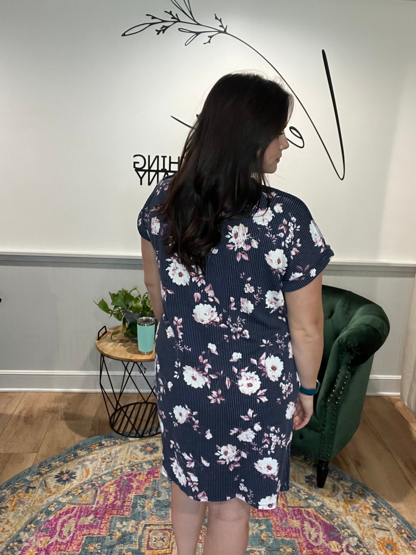 Navy Floral Ribbed Dress
