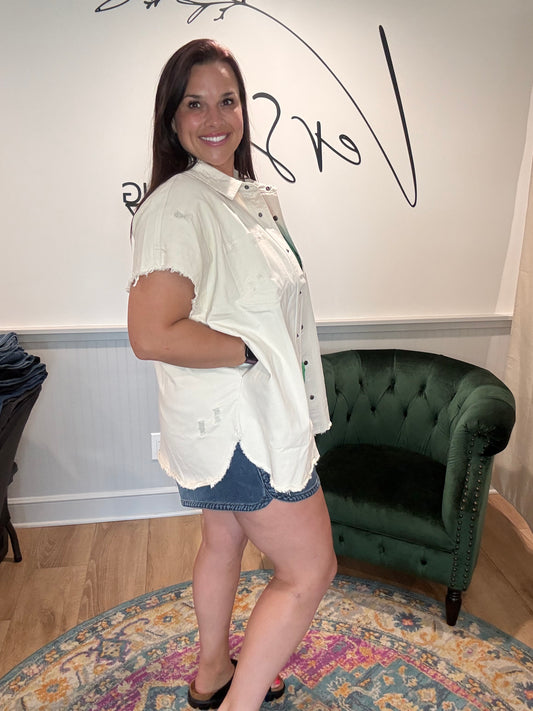 Ivory Distressed Short Sleeve Button Up
