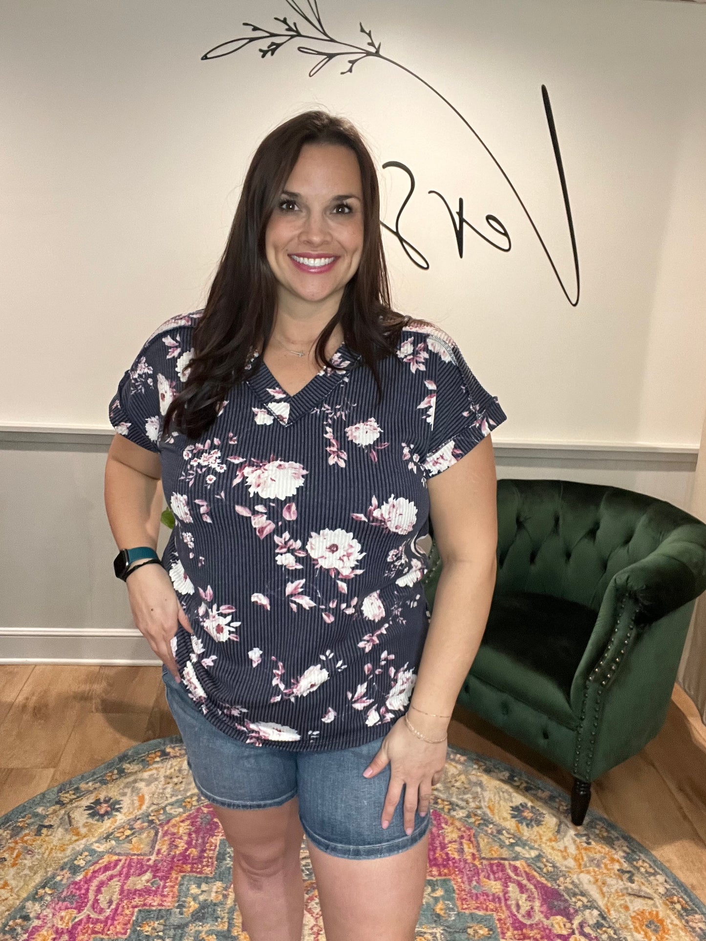 Navy Floral Ribbed Short Sleeve