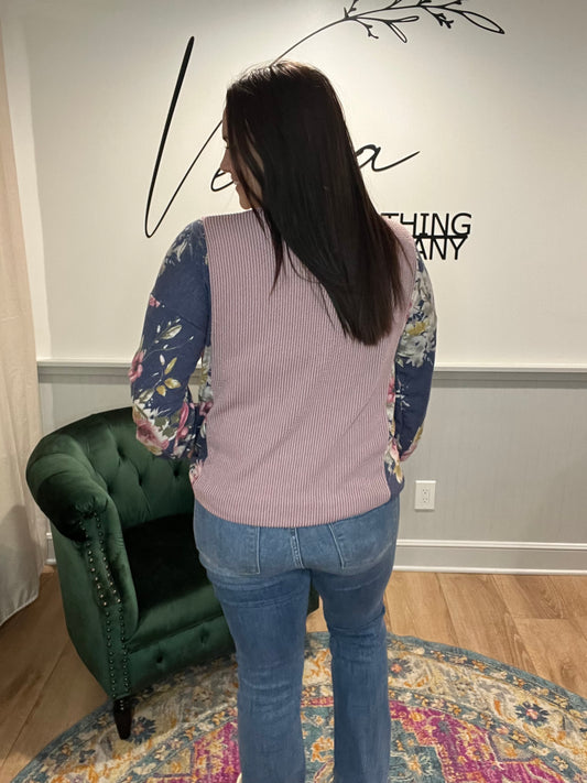 Navy Floral Ribbed Long Sleeve