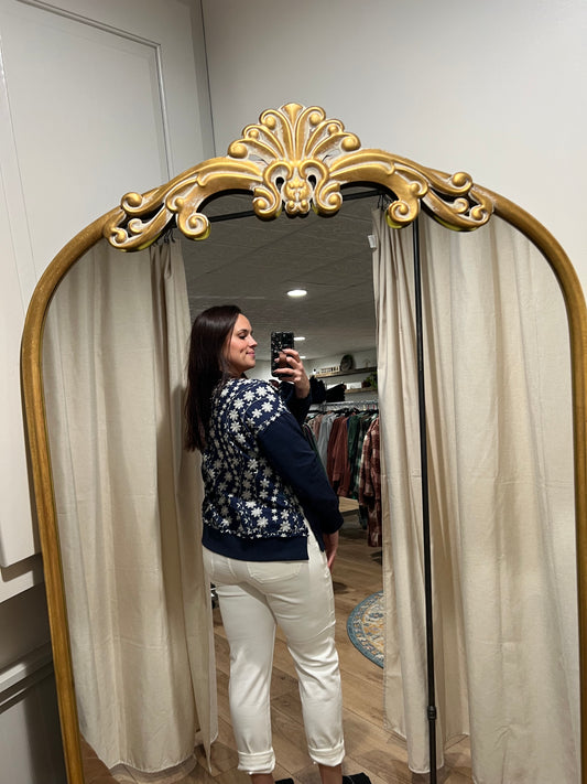 Navy with Ivory Embroidered Floral