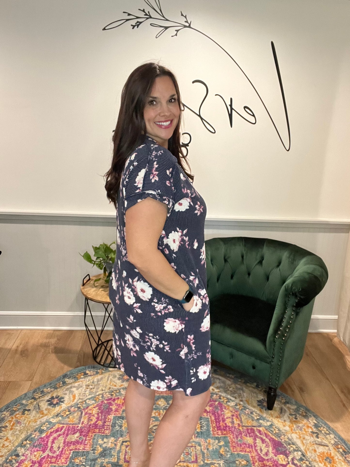 Navy Floral Ribbed Dress