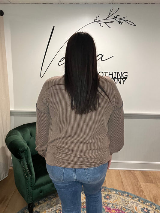 Mocha / Floral Ribbed Long Sleeve