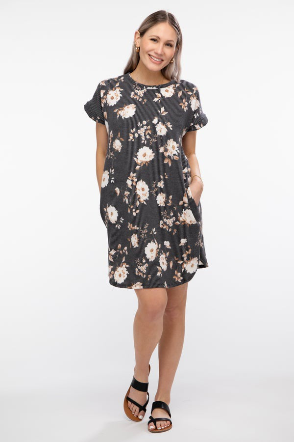 Charcoal Floral Ribbed Dress