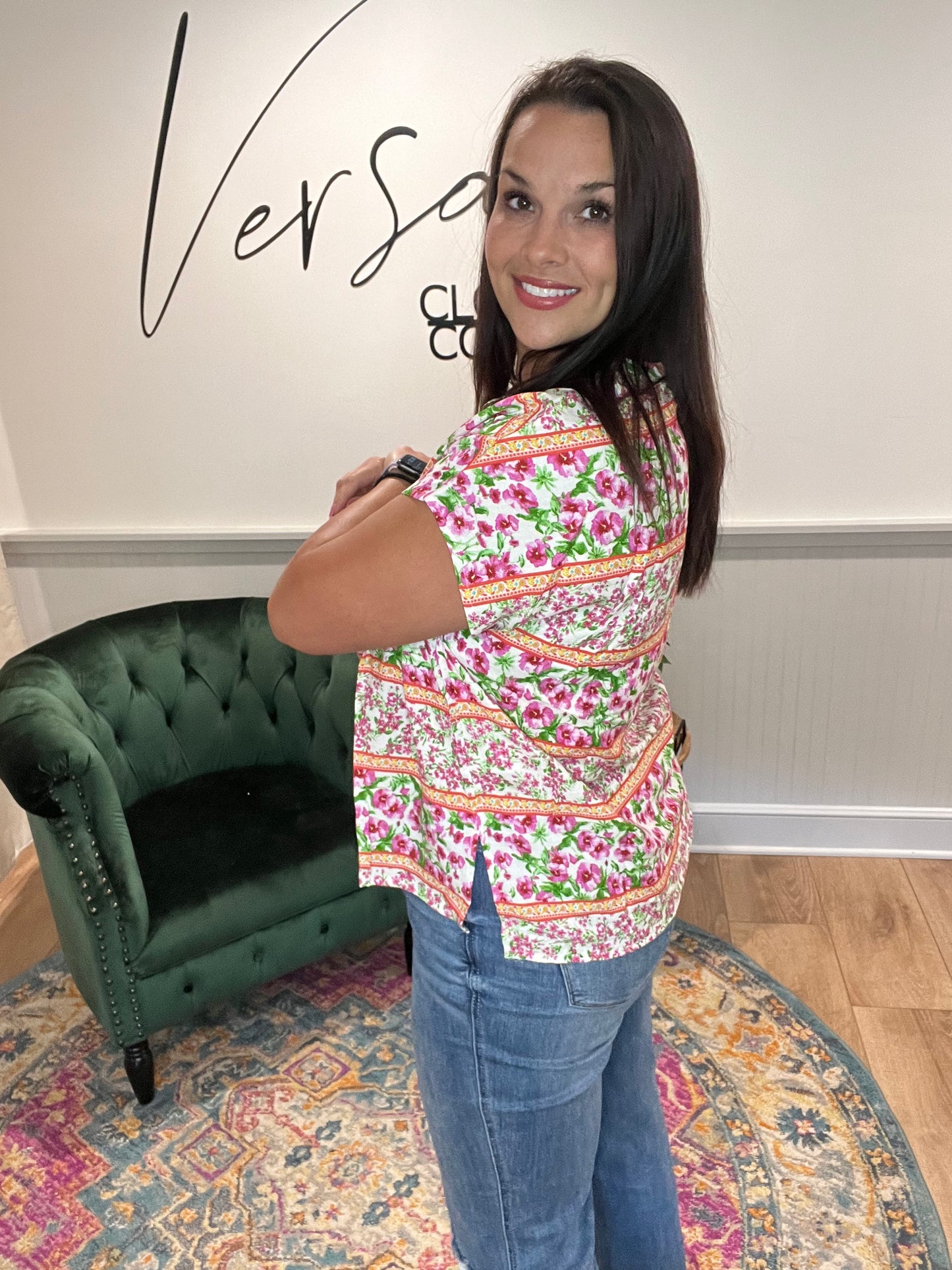 Pink Floral V-Neck