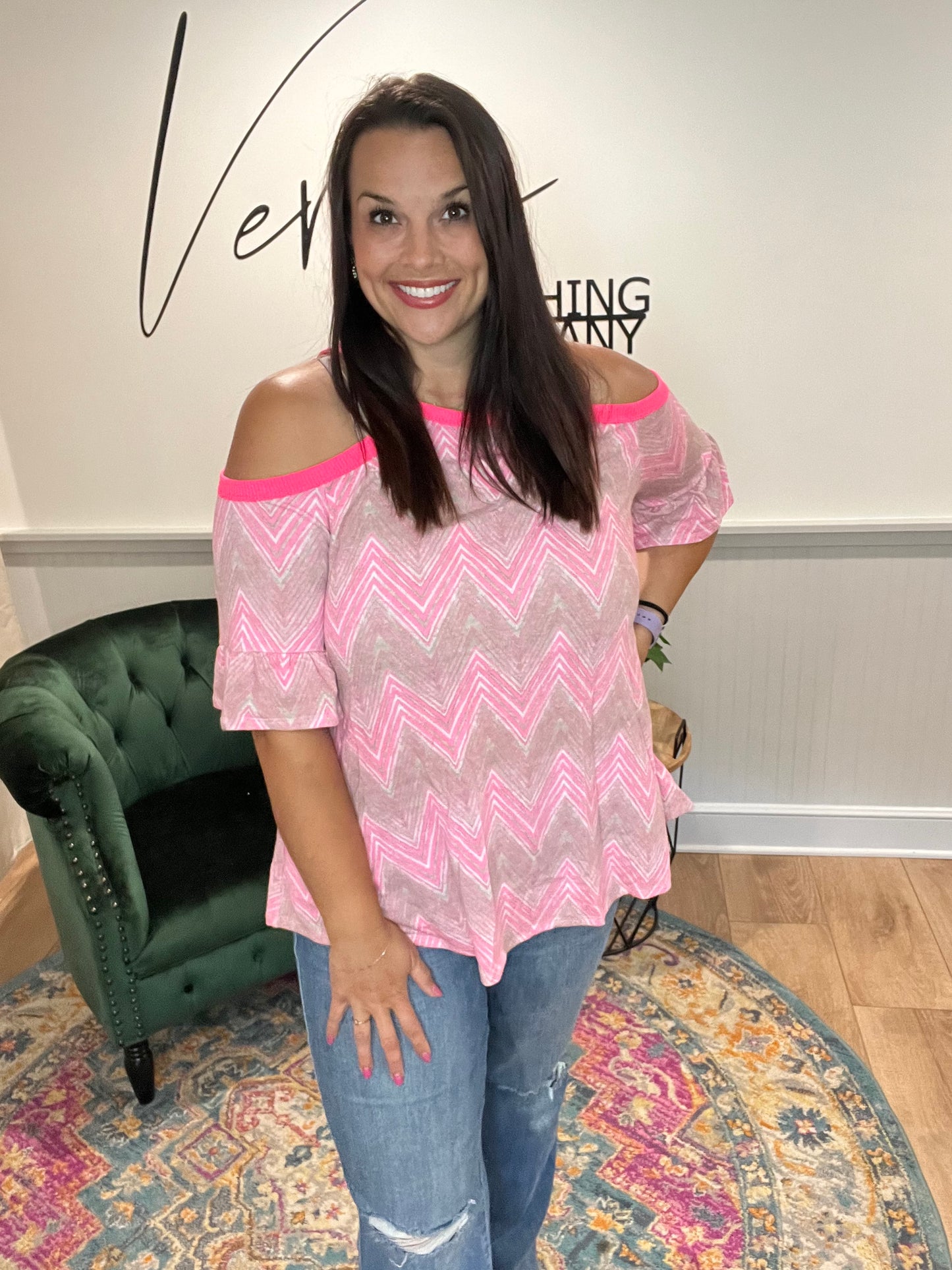 Neon Pink Chevron Cold Shoulder