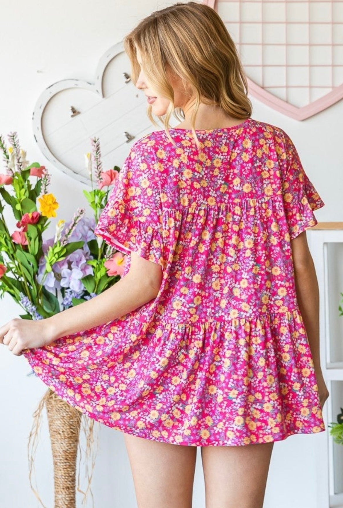 Pink Floral Dolman Top with Ruffle Sleeves