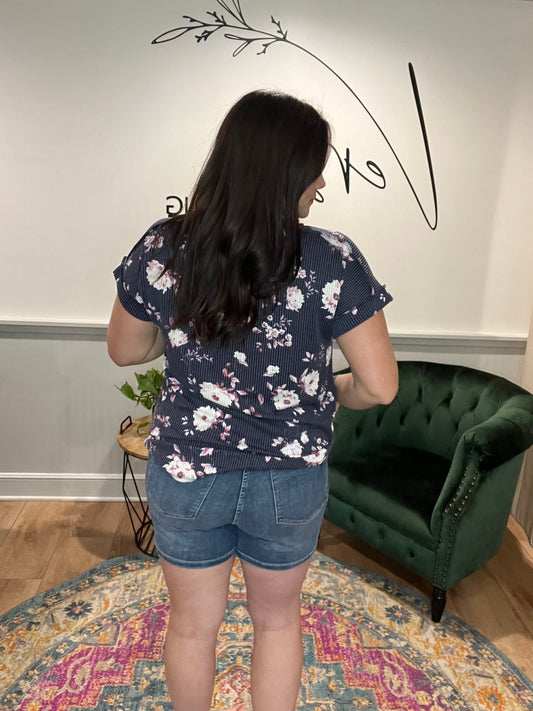 Navy Floral Ribbed Short Sleeve