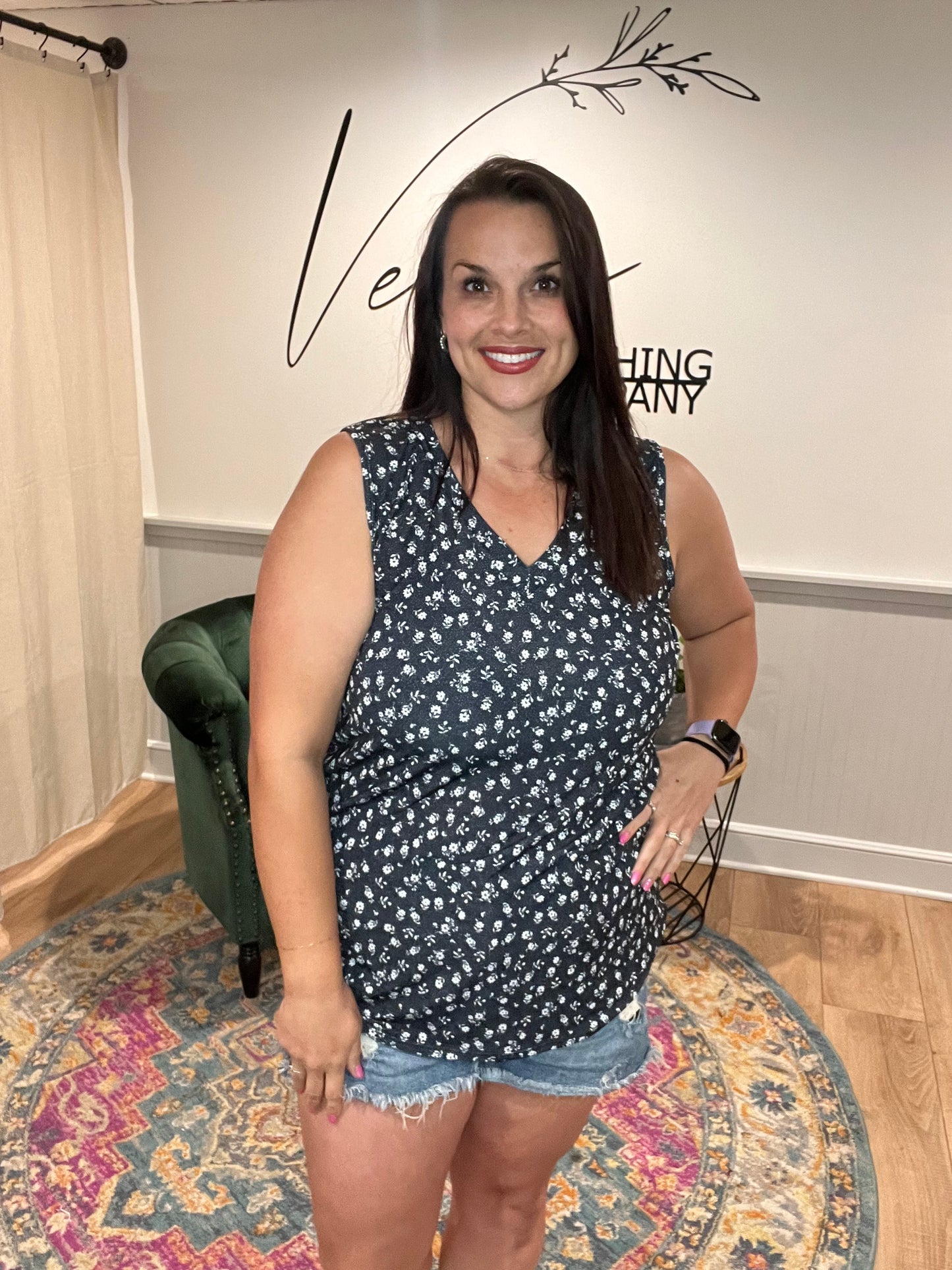 Black Floral Vneck Tank