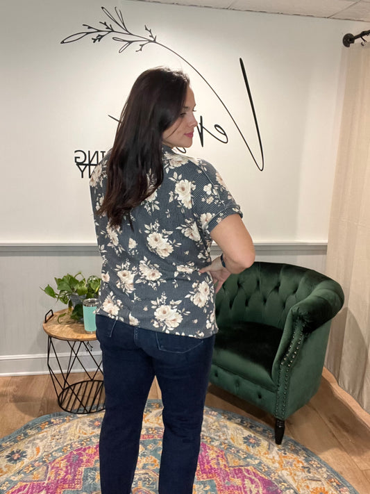 Charcoal Floral Ribbed Short Sleeve