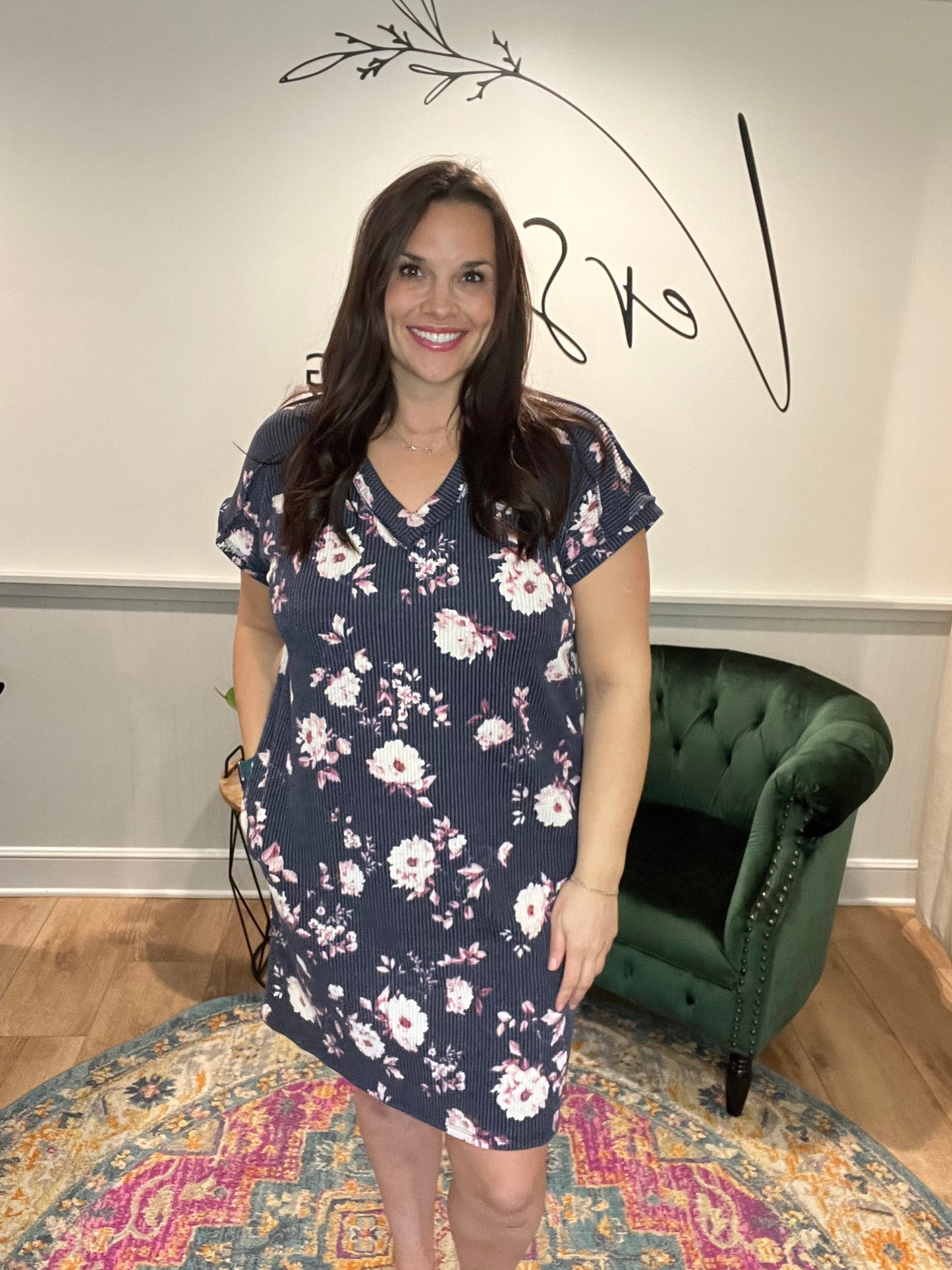 Navy Floral Ribbed Dress