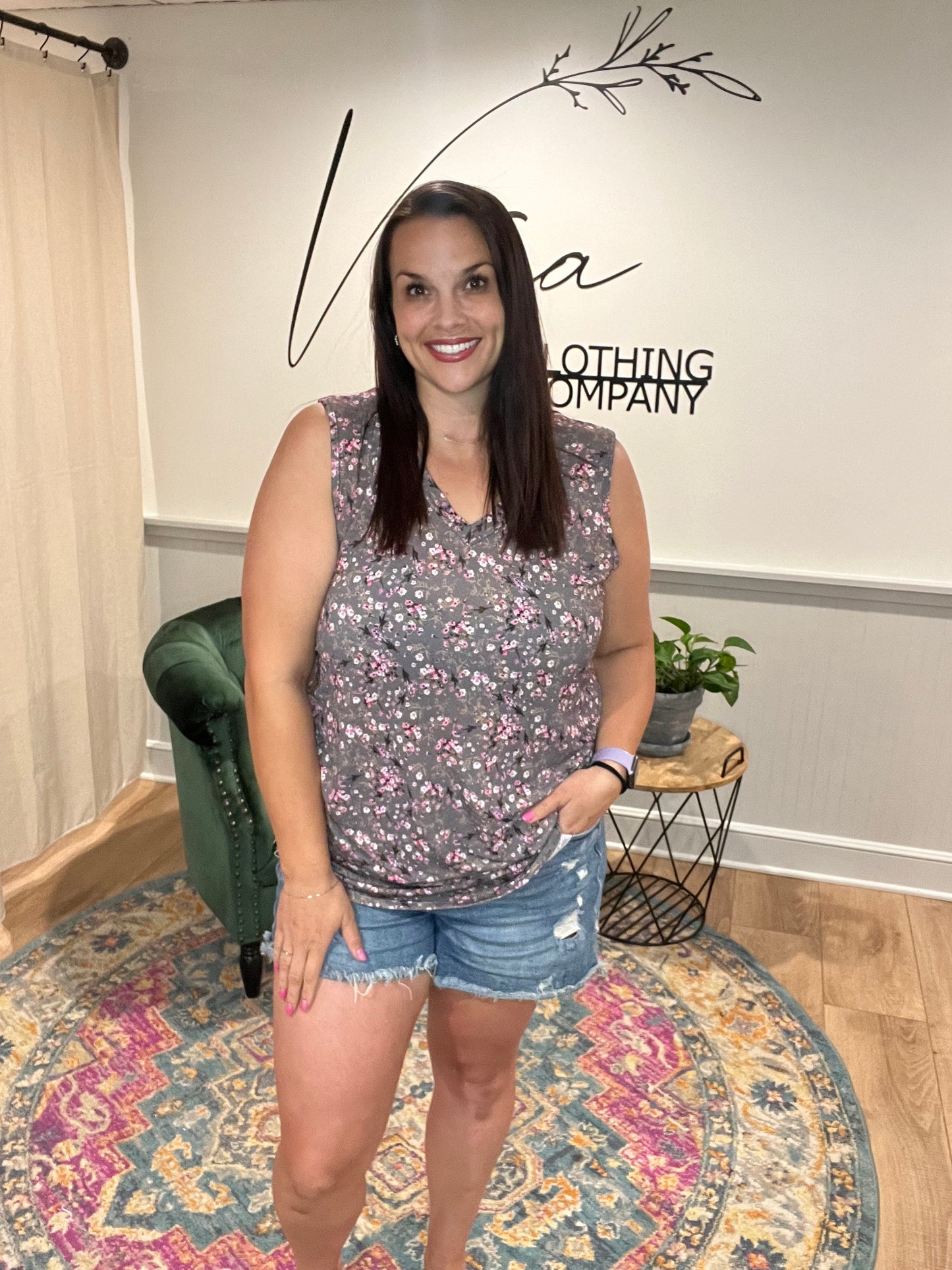 Charcoal / Pink Floral Vneck Tank