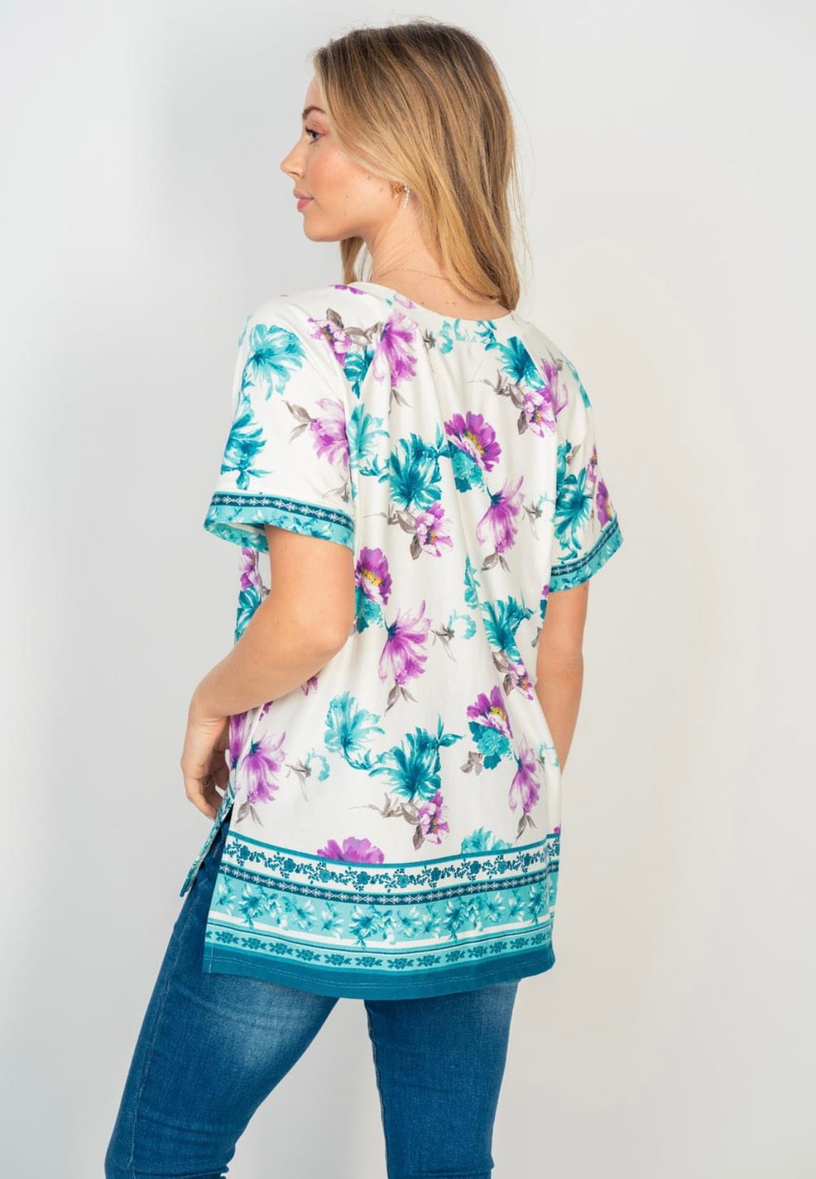 Teal Floral V-Neck with Hi-Lo Hem