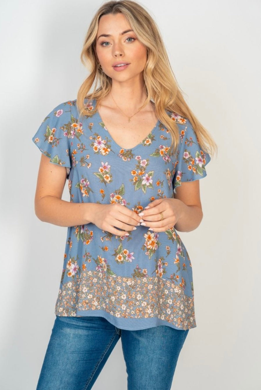 Dusty Blue Floral V-Neck