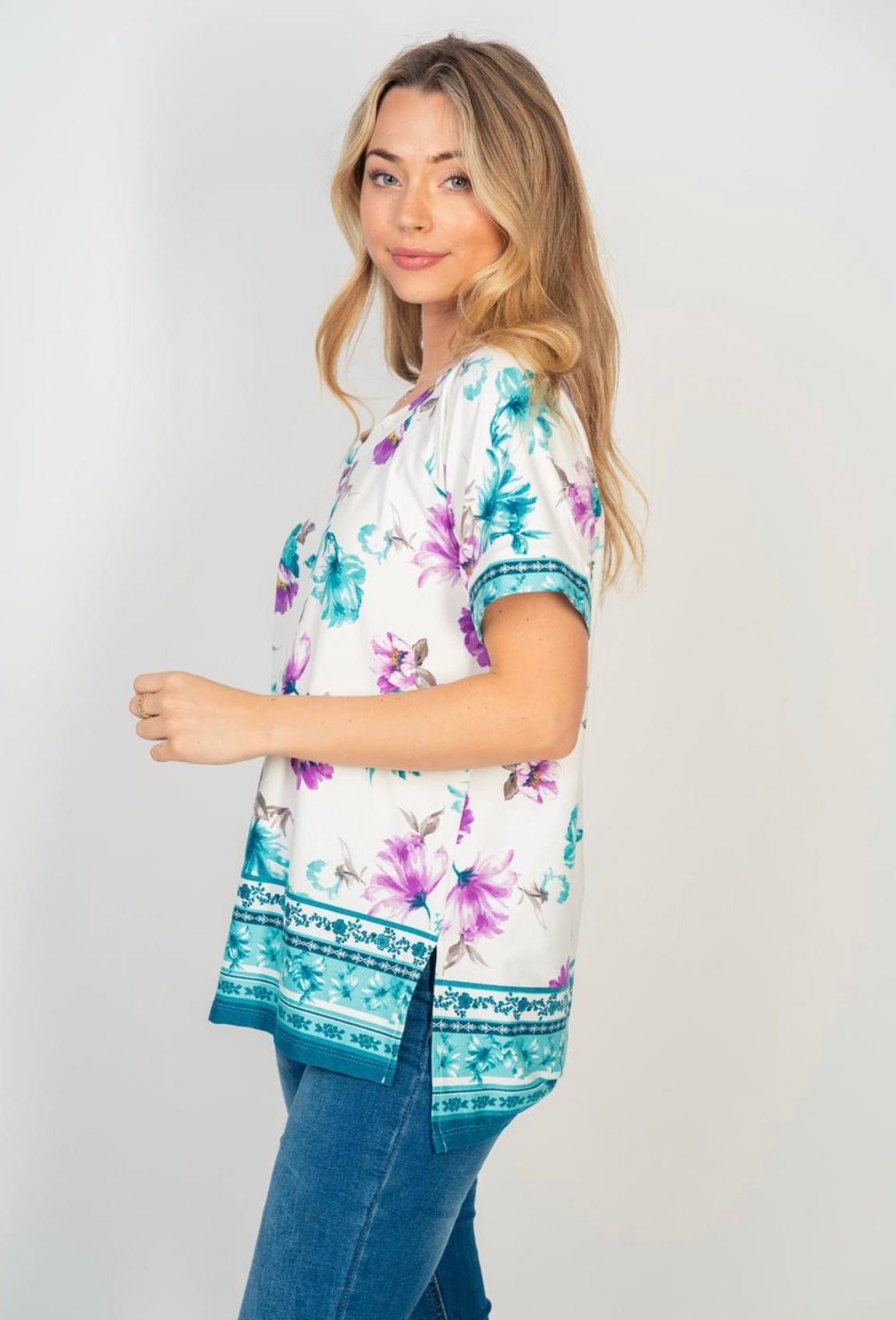 Teal Floral V-Neck with Hi-Lo Hem