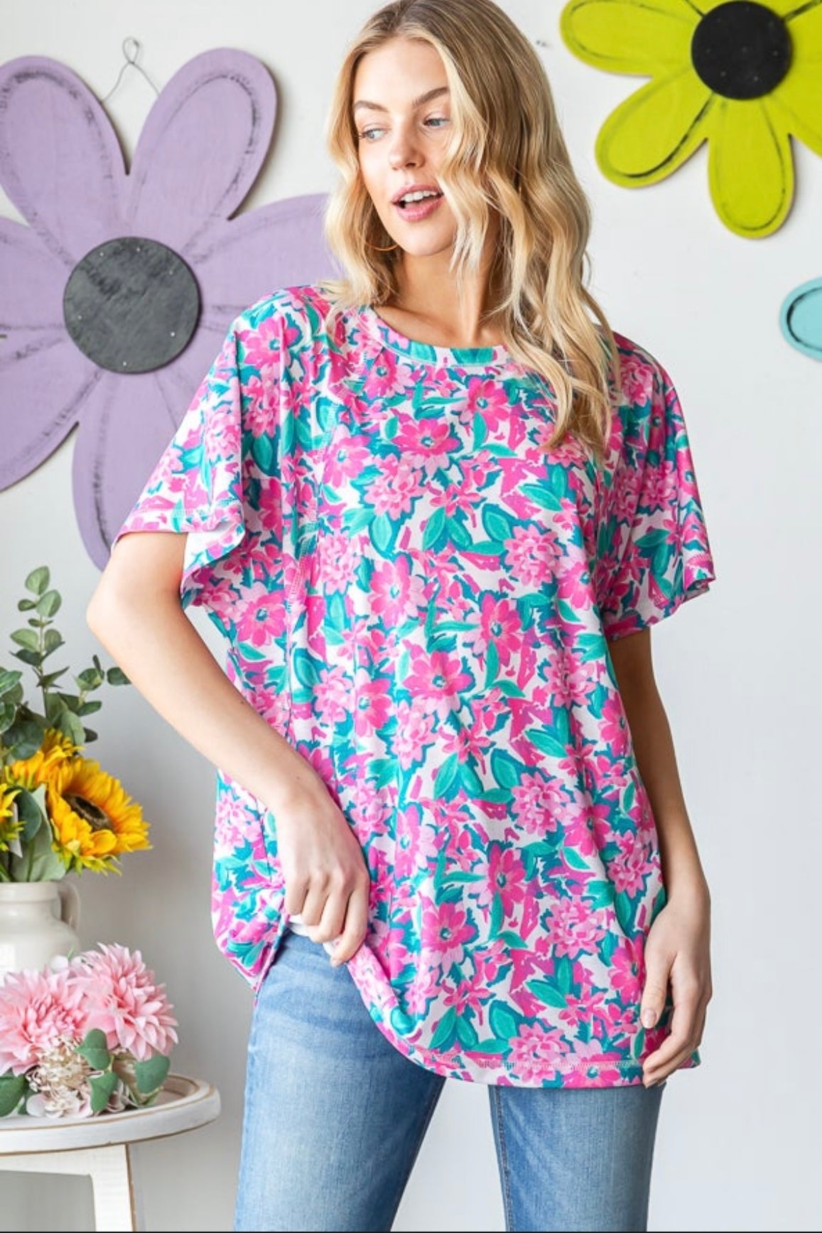 Pink / Teal Floral Short Sleeve
