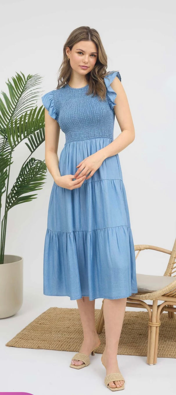 Chambray Smocked Tiered Dress