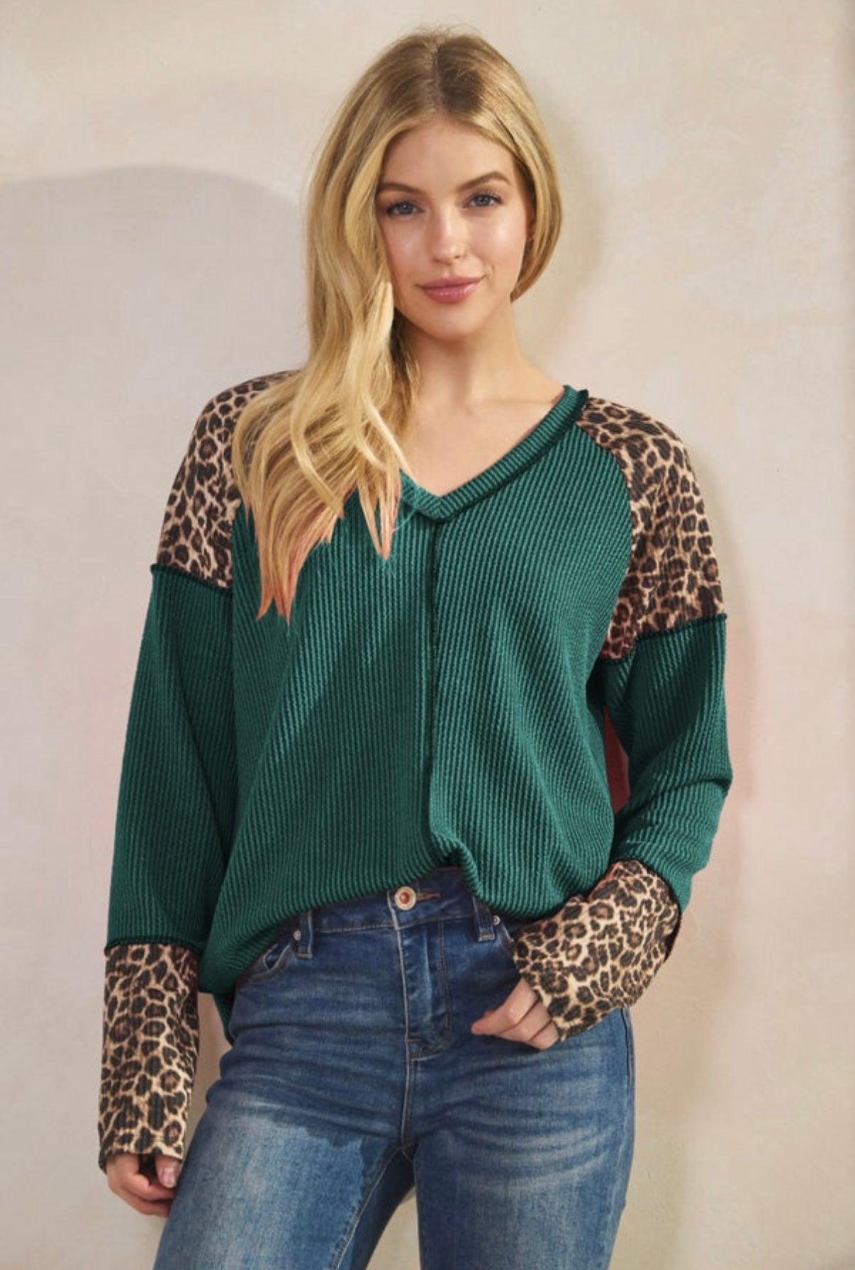 Hunter Green / Leopard Ribbed Long Sleeve