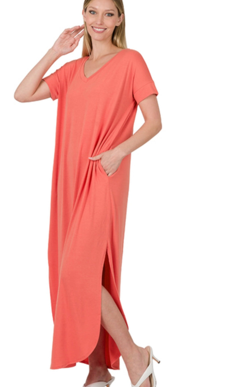 Vestido largo con cuello en V y bolsillos (2 colores)
