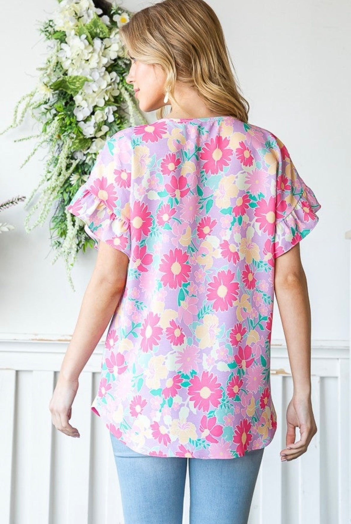 Lavender Floral Button Down Short Sleeve