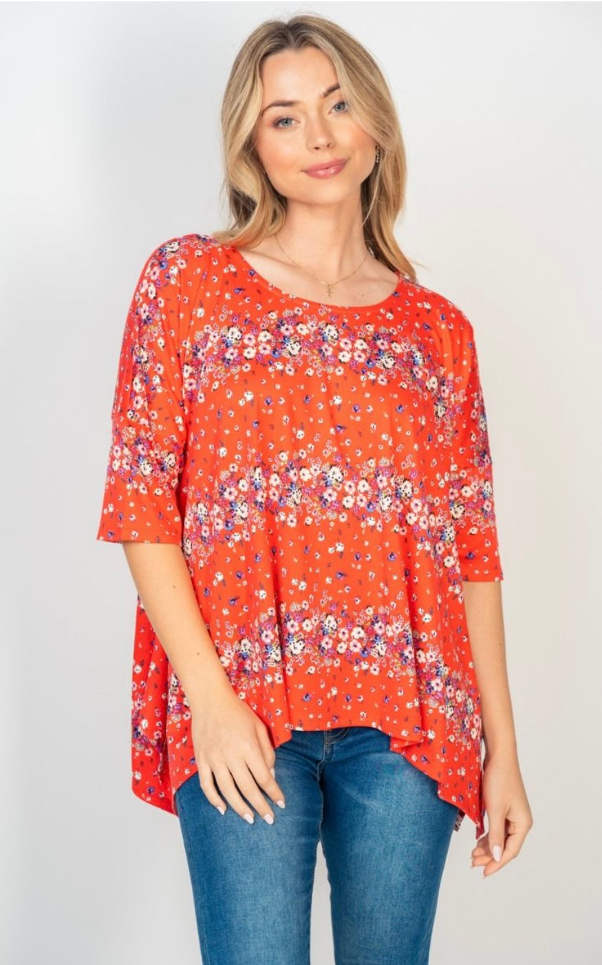 Red Floral Stripe Top