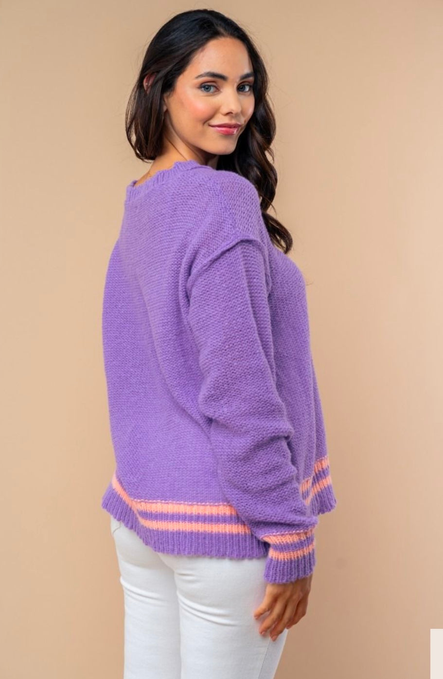 Lavender Sweater with Stripe Hem