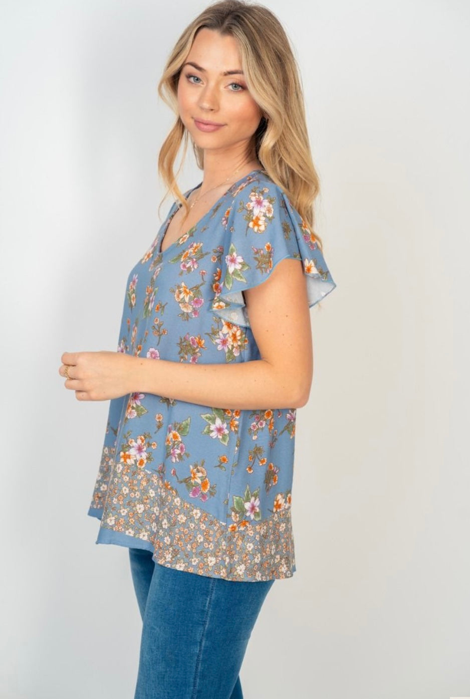 Dusty Blue Floral V-Neck