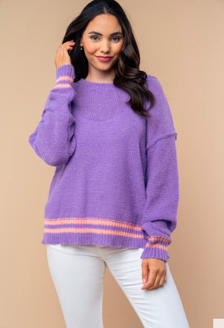 Lavender Sweater with Stripe Hem