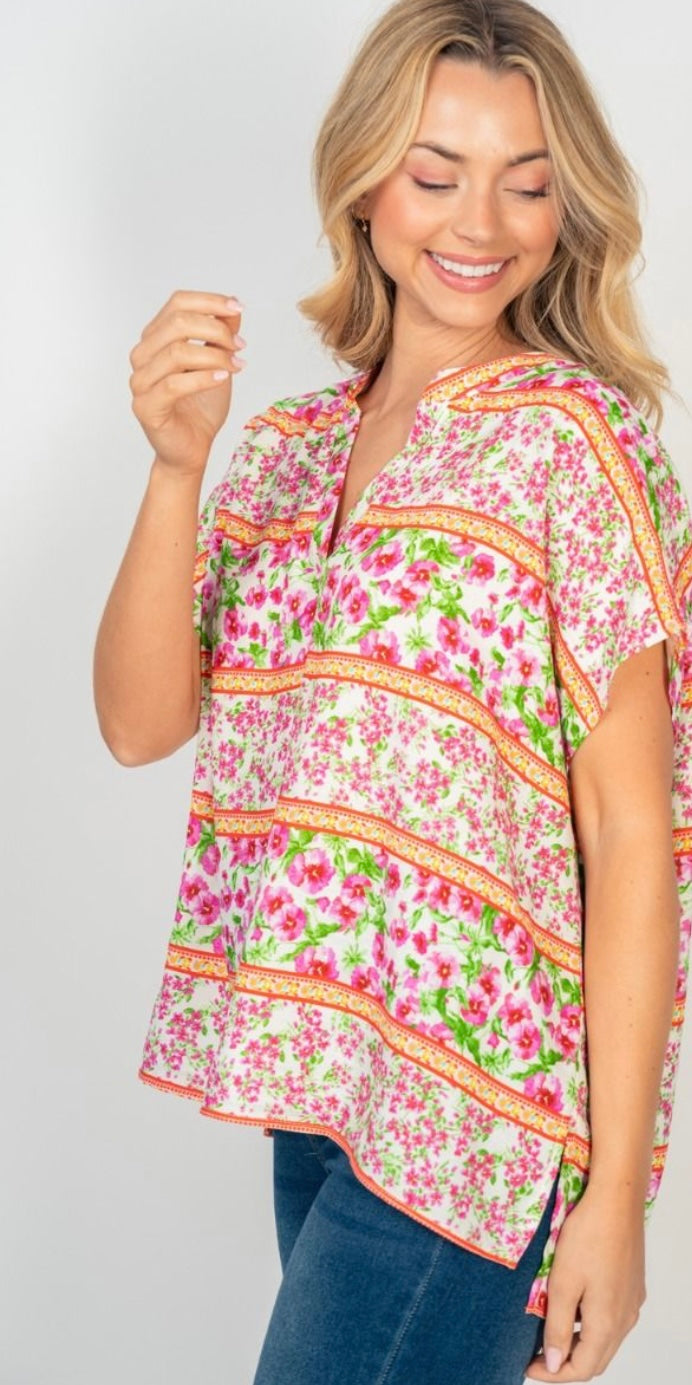 Pink Floral V-Neck