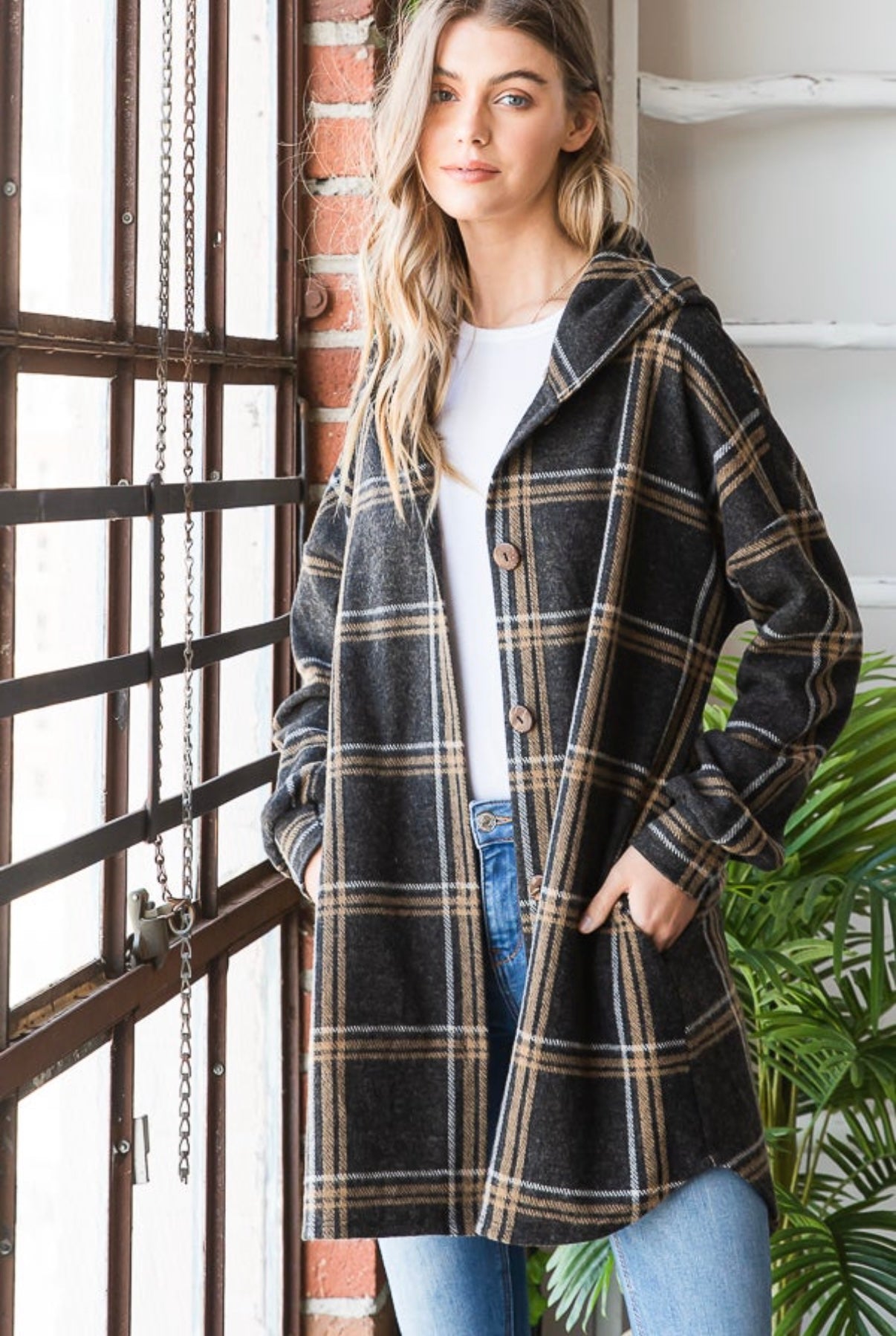 Charcoal Plaid Shacket with Pockets & Hood