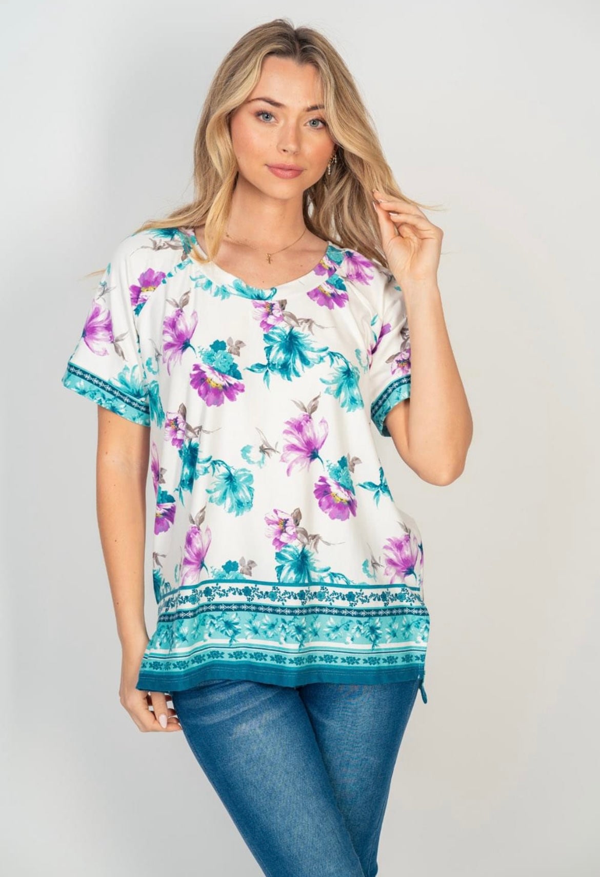 Teal Floral V-Neck with Hi-Lo Hem