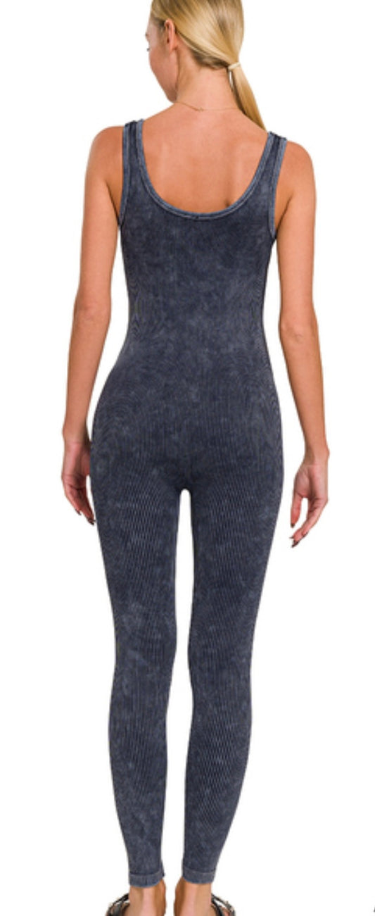 Black Mineral Washed Ribbed Bodysuit