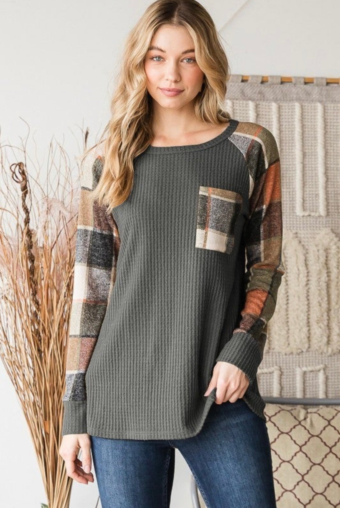 Charcoal Waffle Knit with Plaid