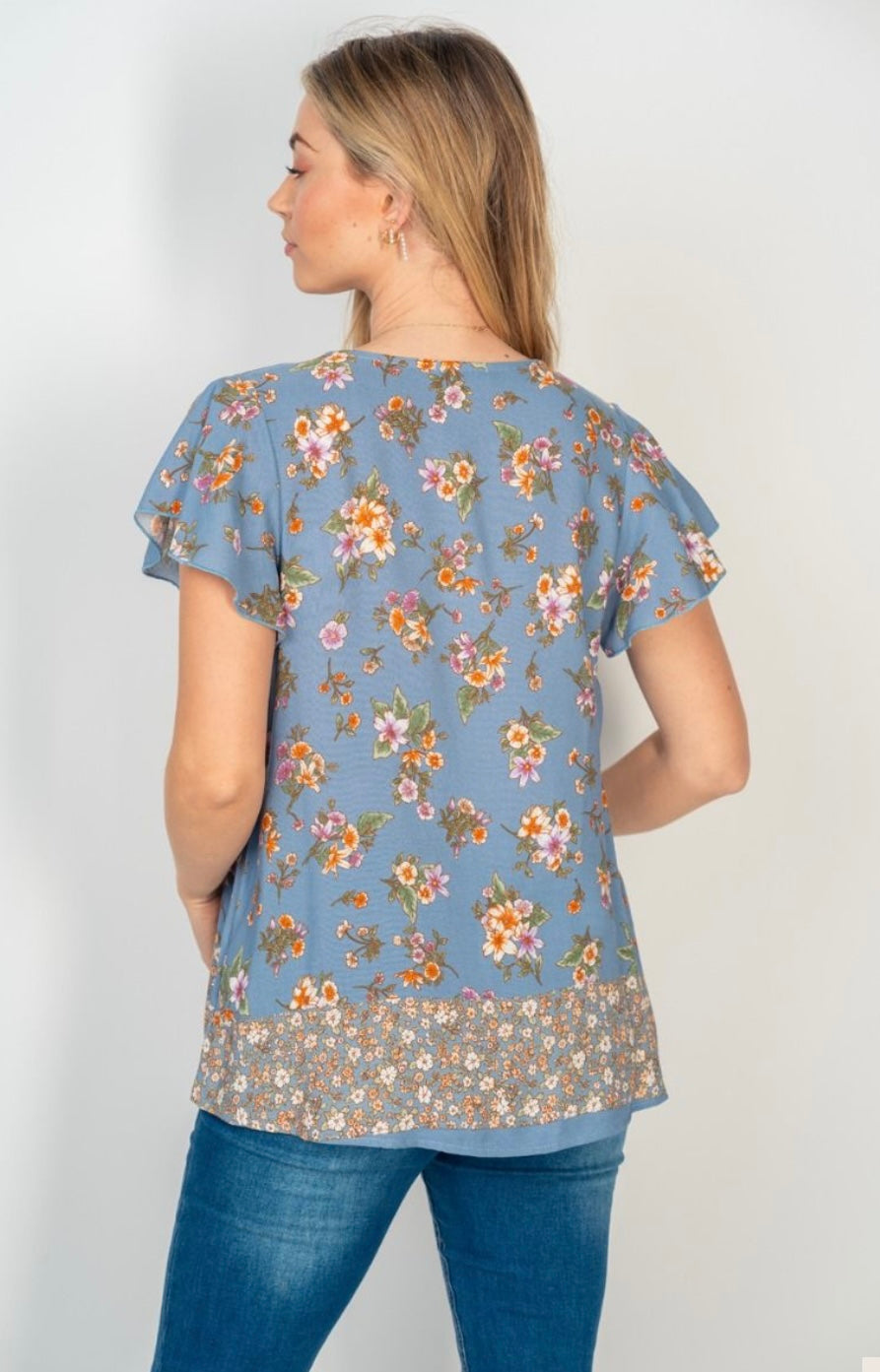 Dusty Blue Floral V-Neck