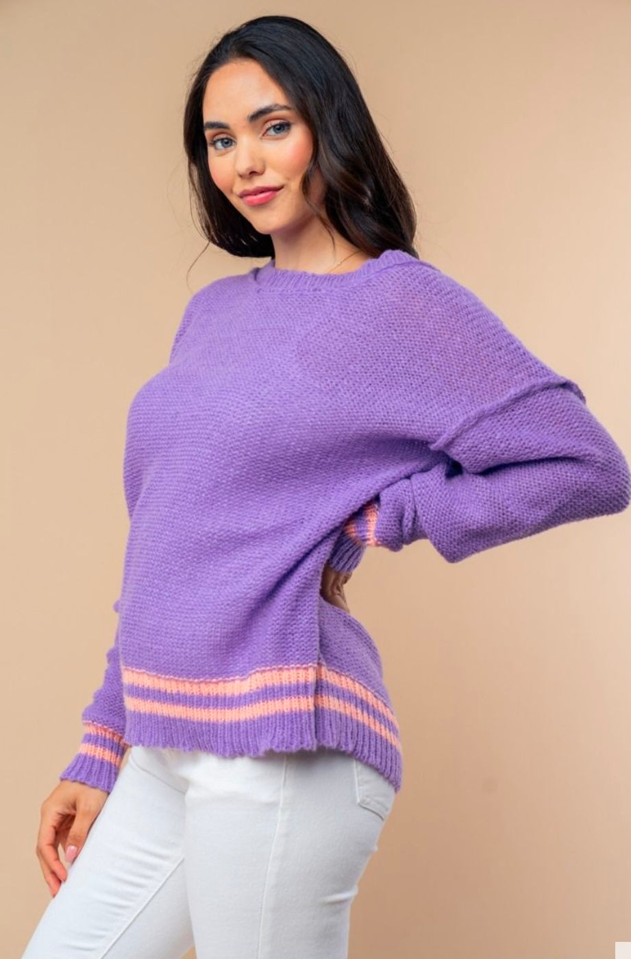 Lavender Sweater with Stripe Hem
