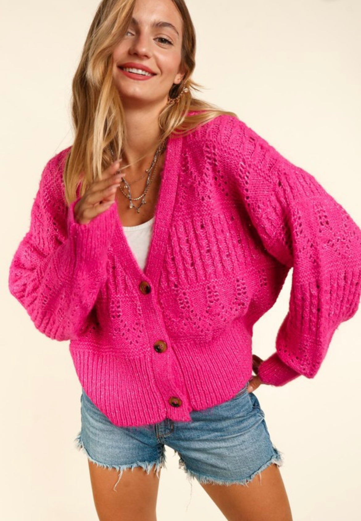 Fuchsia Knit Button Cardigan