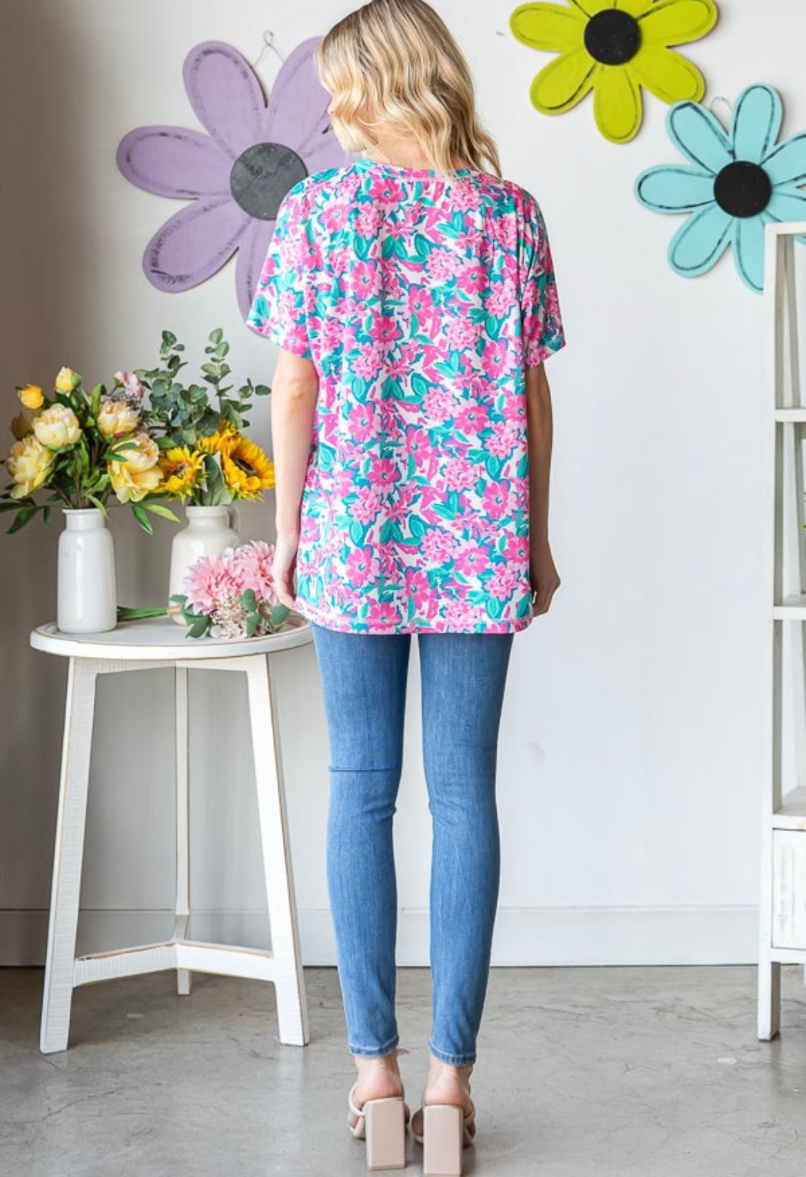 Pink / Teal Floral Short Sleeve