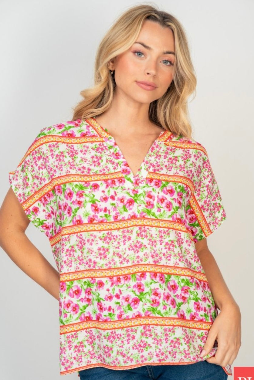 Pink Floral V-Neck