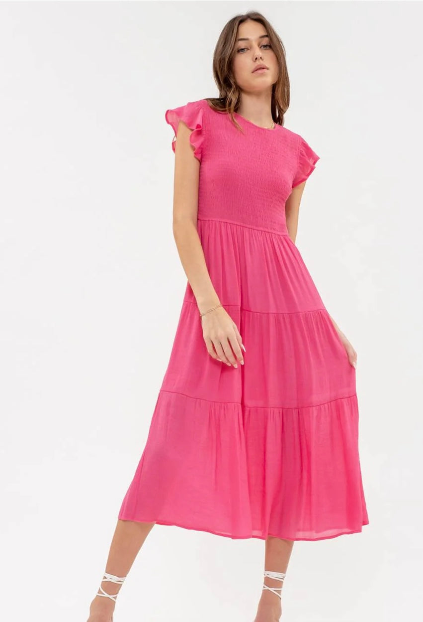 Dusty Fuchsia Smocked Tiered Midi Dress